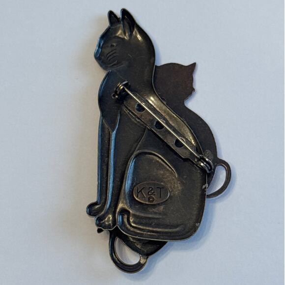 Trio Cat Brooch Pin Feline Silver Gold Copper Tone Vintage Estate K&T Signed - Picture 4 of 7
